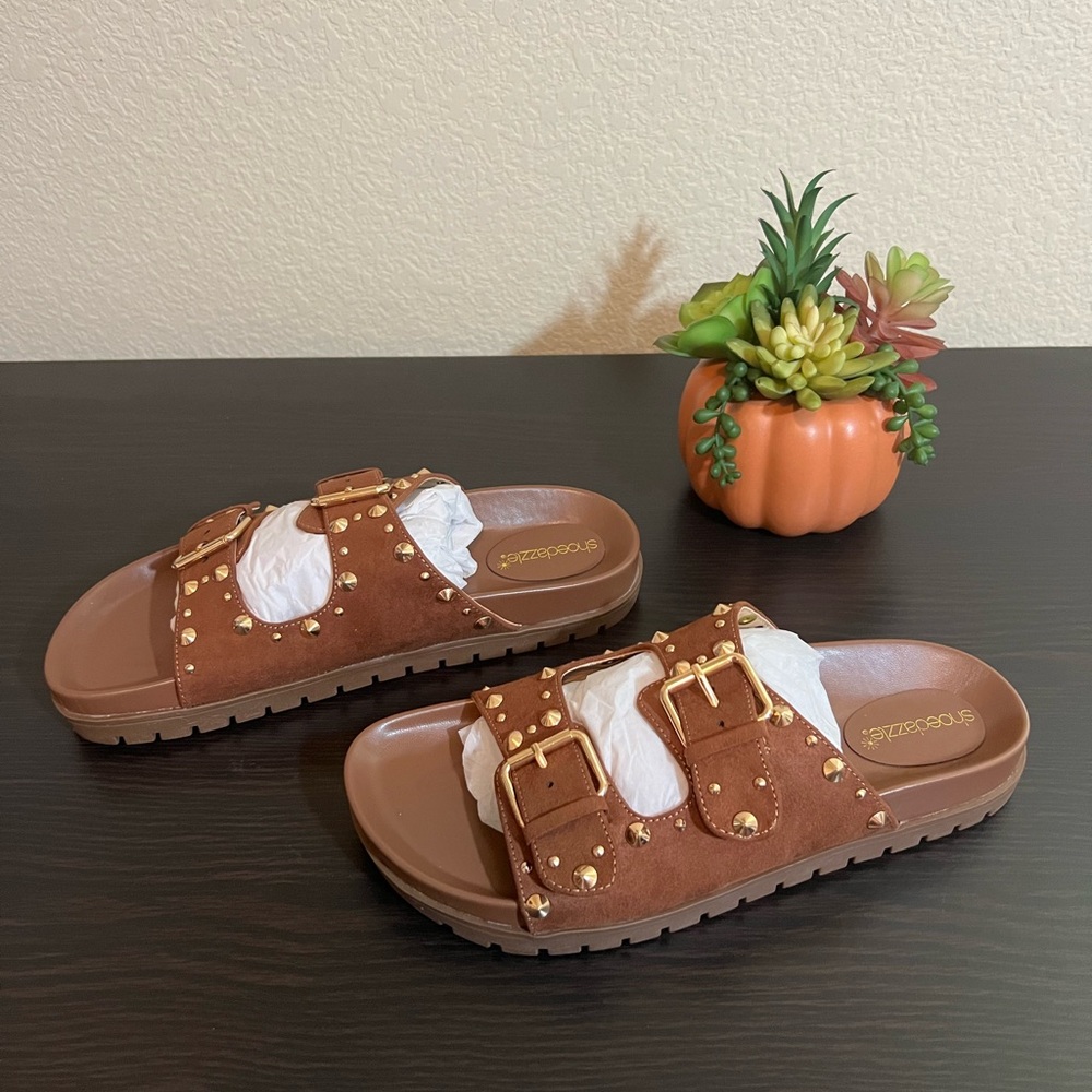 Brown and Gold Studded Sandals 7.5 NEW - Picture 4 of 12